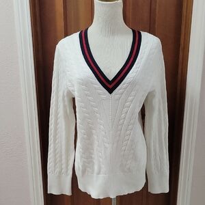 Tommy Hilfiger White V-Neck Sweater with Navy and Red Trim